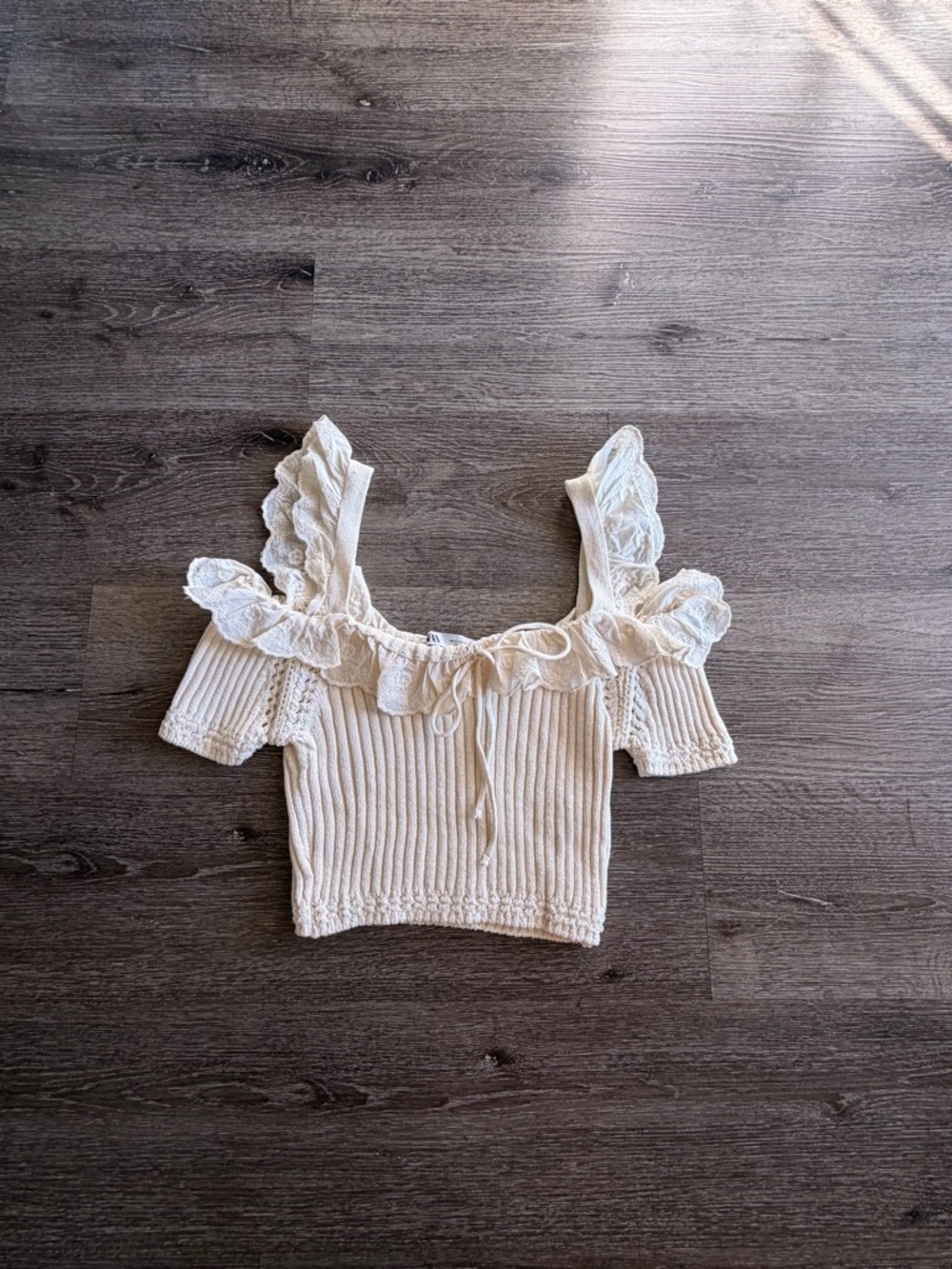 Zara Cream Ruffle Ribbed Crop Top